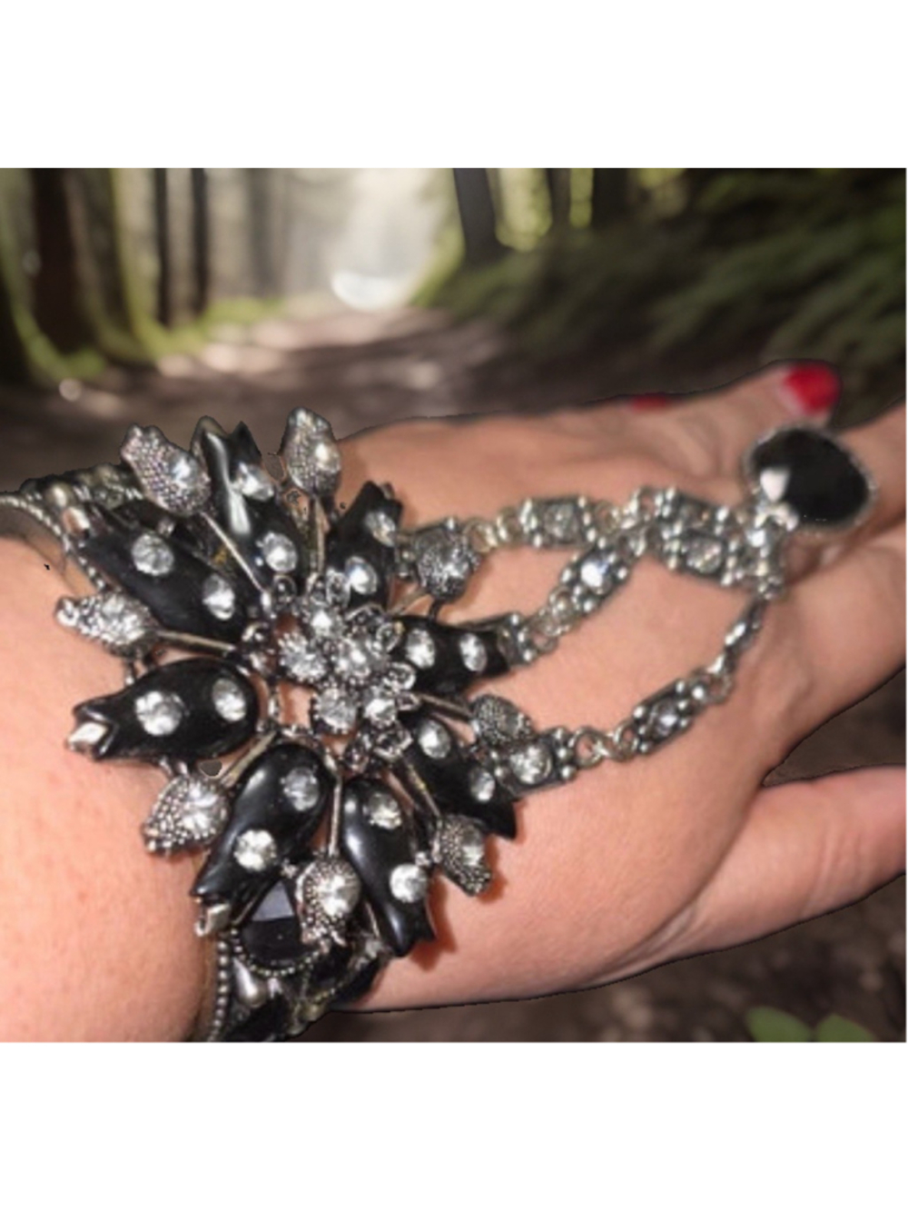 Black Rhinestone Gothic ArtDeco Boho Hand Chain Finger Slave Ring Bracelet Gypsy